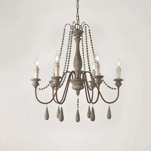 French Country Candle-Style Wood Bead Swag Wooden Ceiling Chandelier Gray/White 