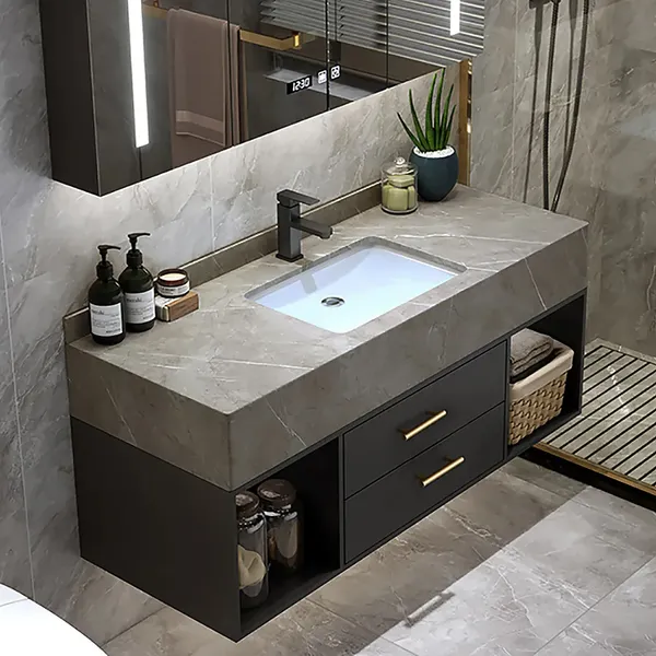900mm Floating Black Grey Bathroom, Stone Countertop Cabinet Vanity