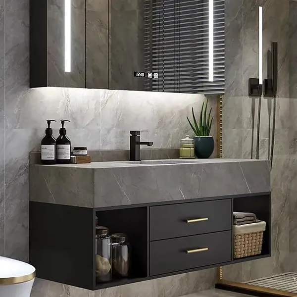 900mm Floating Black Grey Bathroom, Stone Countertop Cabinet Vanity
