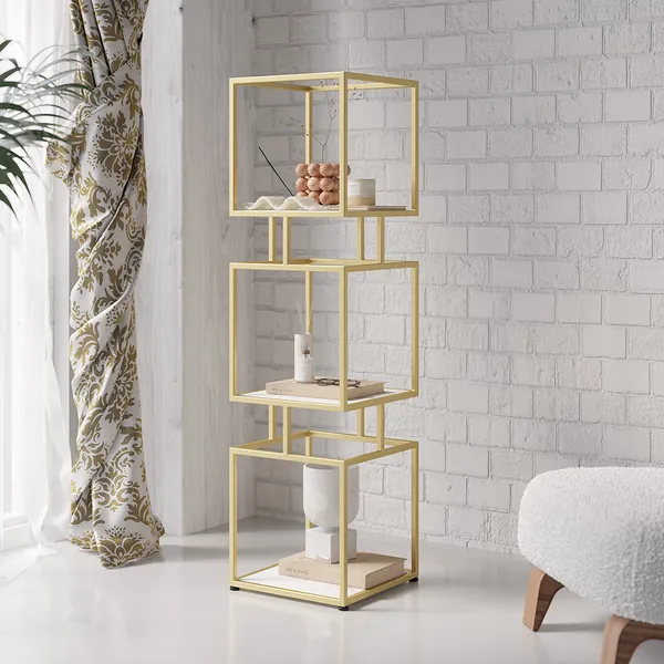 Metal Tower Display Shelf, Black Iron And Glass Bookcase