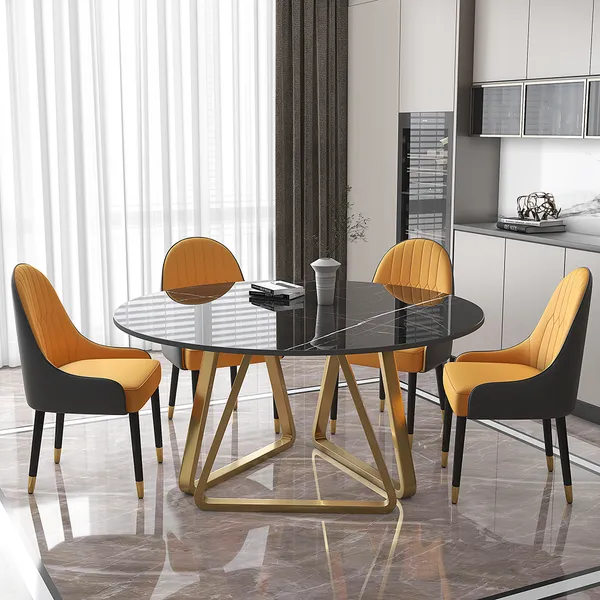 1350mm Black Modern Round Faux Marble, Gold Round Dining Table For 6