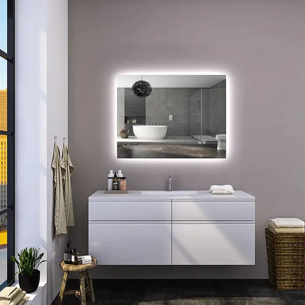 BAIHAO LED Smart Bathroom Rectangle Makeup Mirror HD Anti-Fog Montado en la Pared Dual Touch Time Temperatura Display Frameless Mirror 