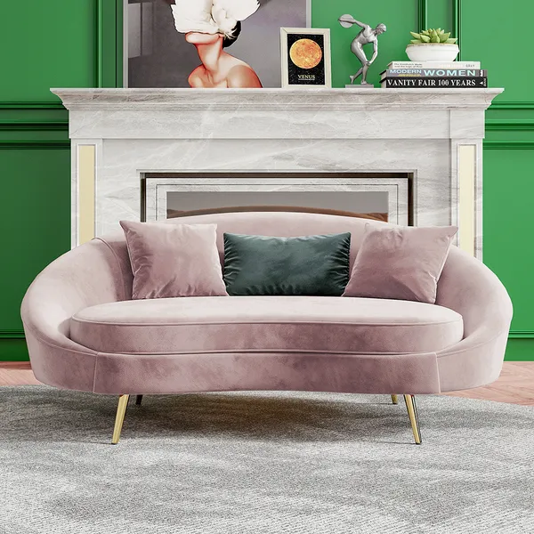 Sofá curvo de terciopelo rosa moderno de 1600 mm, incluye almohada de metal  dorado-Homary