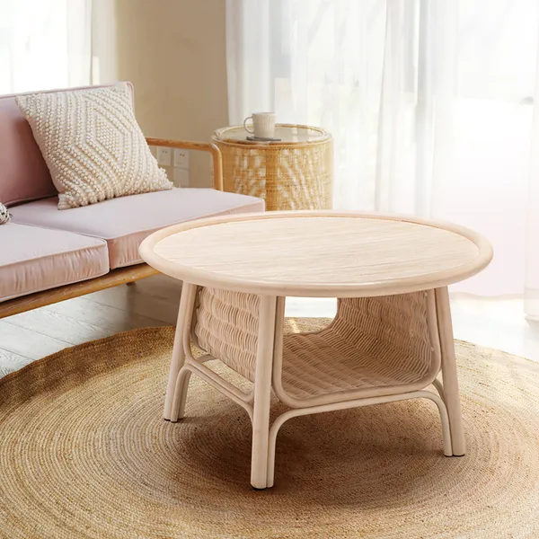 Rustic Round Coffee Table With Storage, Rustic Natural Round Coffee Table With Storage Shelf For Living Room