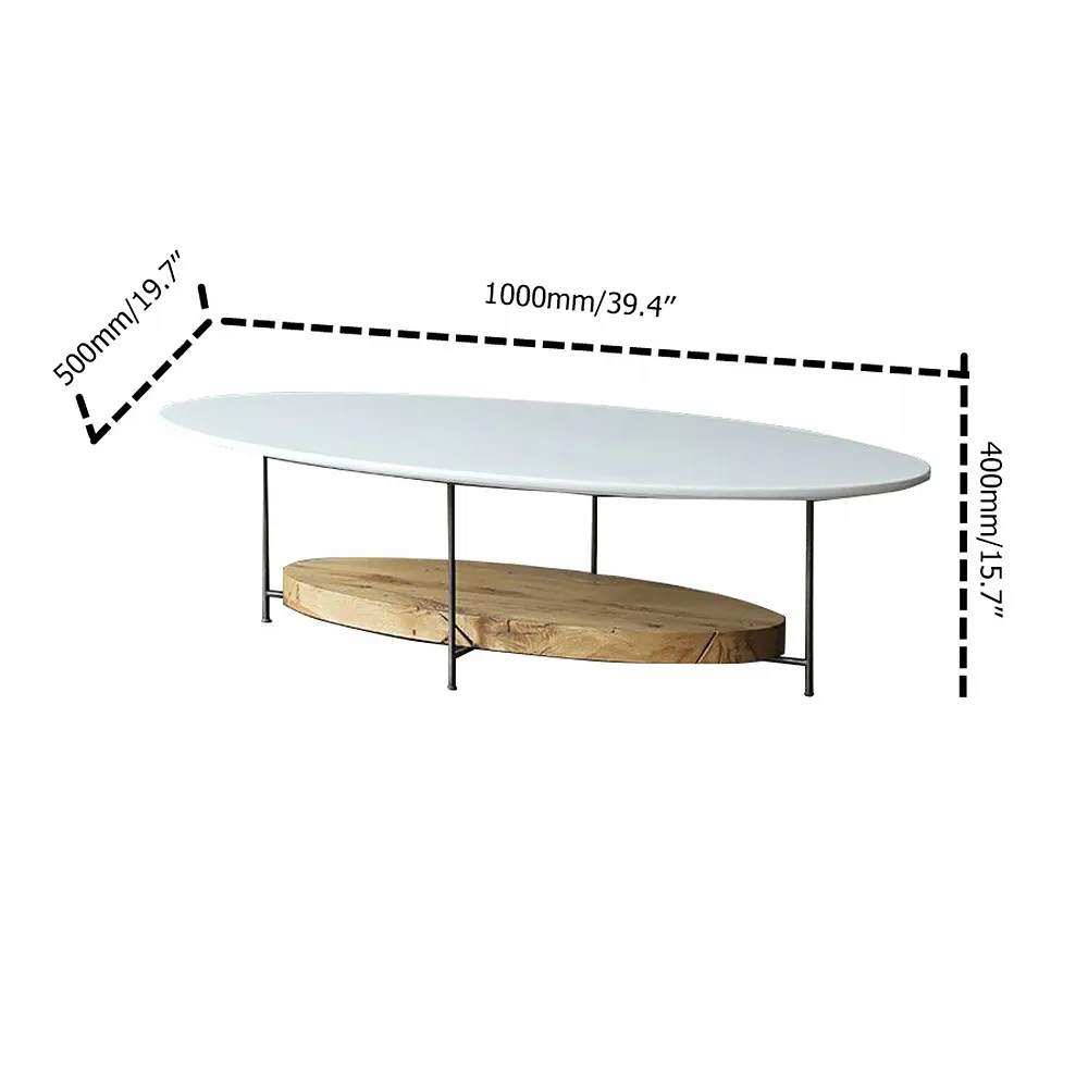 39" Modern White & Natural Oval Coffee Table with Storage Shelf Light Wood and Metal