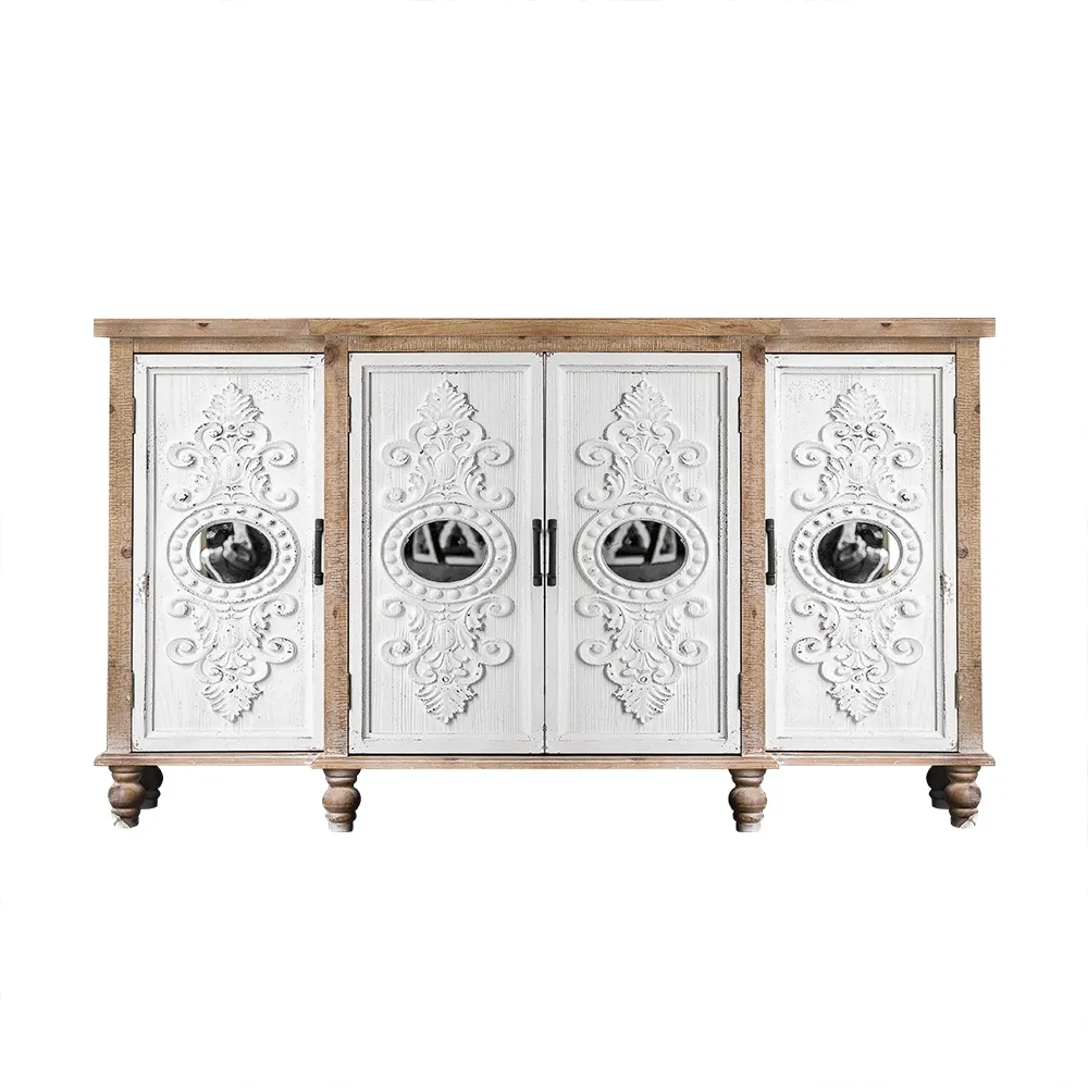 60" French Country Sideboard Buffet Embossed Scrollwork 4 Doors