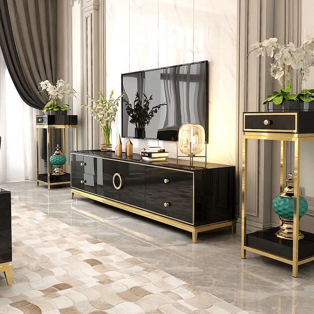 Tile Modern Black TV Stand with Drawers & Doors Gold Media Console for TVs