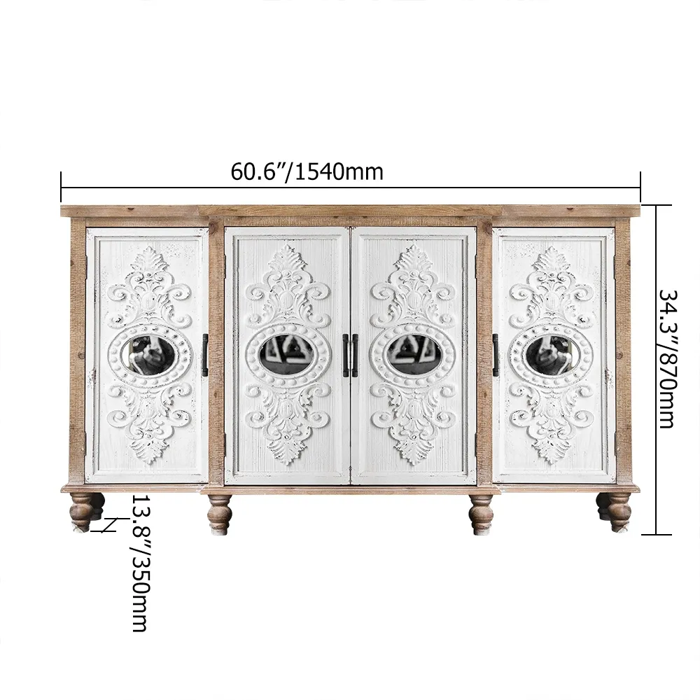 60" French Country Sideboard Buffet Embossed Scrollwork 4 Doors