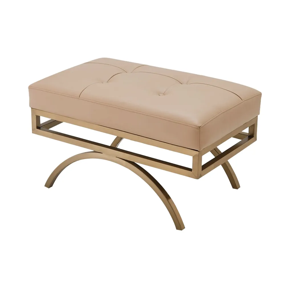 Beige Stool Leather Upholstered Ottoman Stool Gold Legs