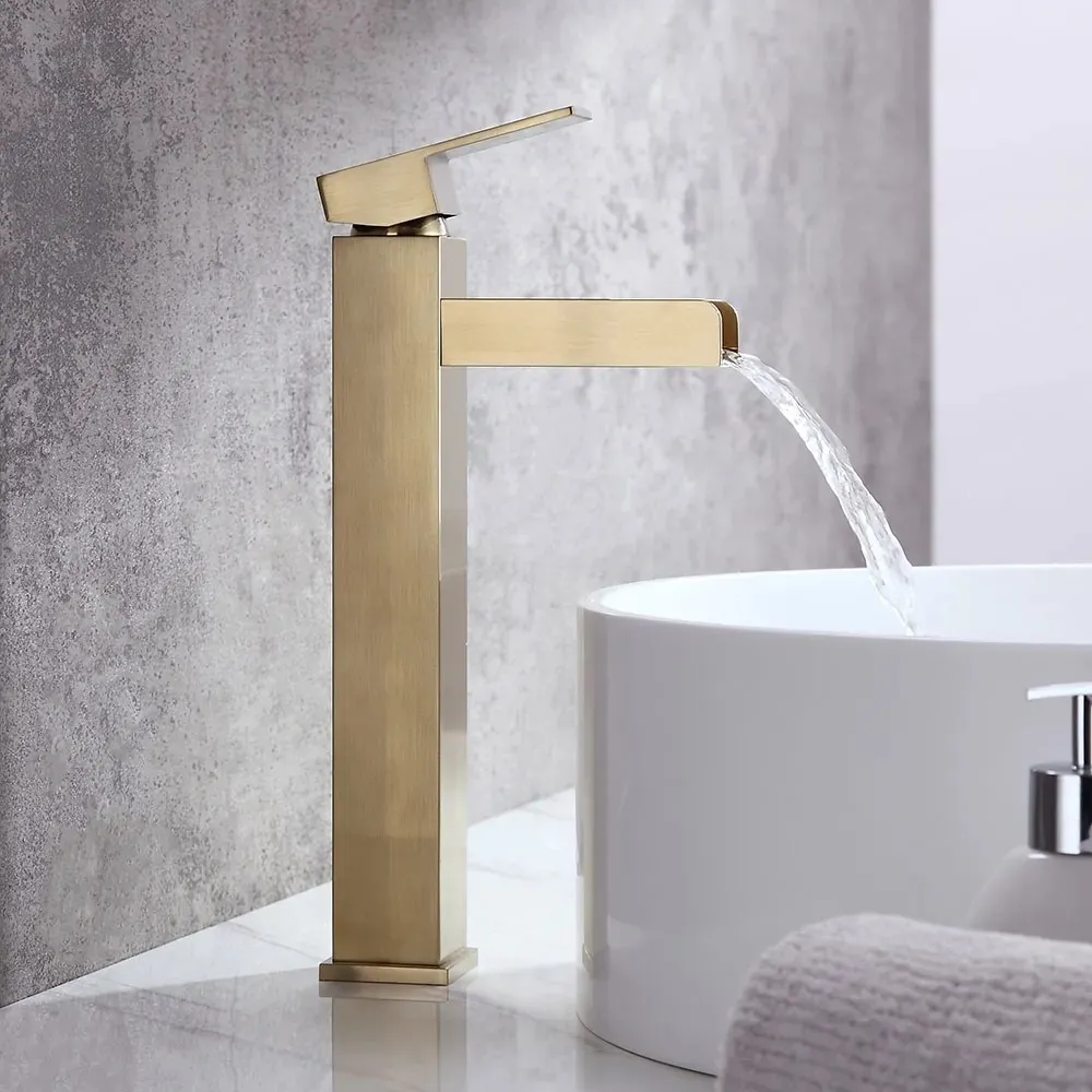 Homevacious Bathroom Vessel Sink Faucet Brushed Gold Brass Waterfall Tall with 