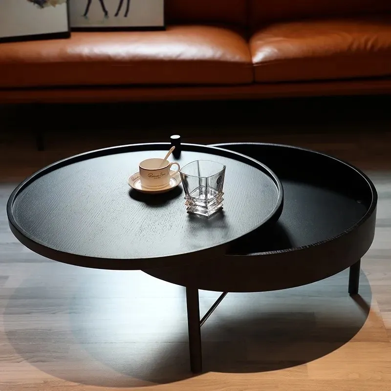 Modern Round Wood Rotating Tray Coffee, Circle Wood And Metal Coffee Table