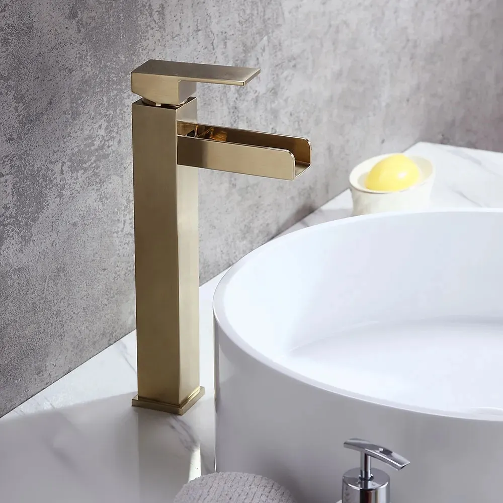 Brushed Gold Single Handle Faucet Bathroom Vessel Sink Basin Mixer Brass Tap 