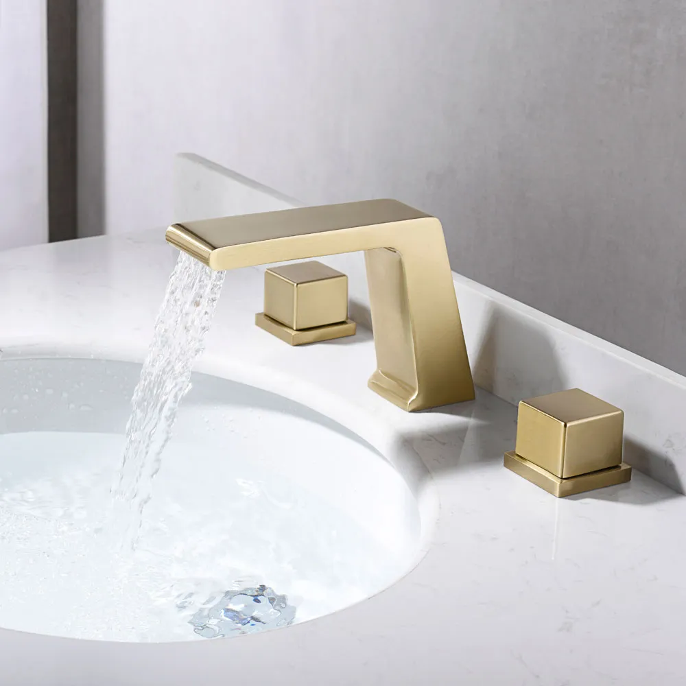 Gold Widespread Basin Sink Faucet Waterfall Bathroom 3 Holes Vanity Mixer Taps 