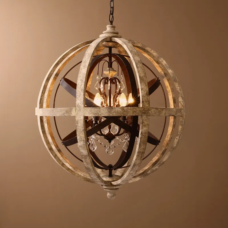 Retro Rustic Weathered Wooden Globe, Rustic Iron Orb Crystal Chandelier