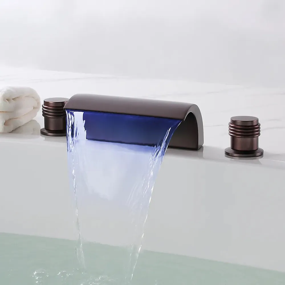 Modern Waterfall Roman Tub Filler Faucet with Handheld Shower Oil Rubbed Bronze 