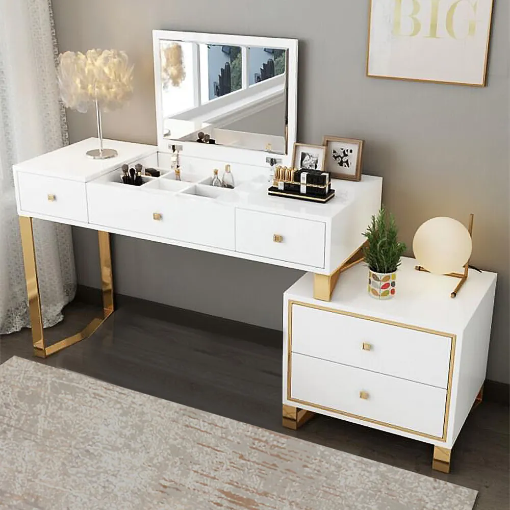 Wooden 2-in-1 Dressing Table with Stool and Flip Top Mirror Modern Vanity Makeup Desk Set Bedroom Furniture Black Mirror and White Table 