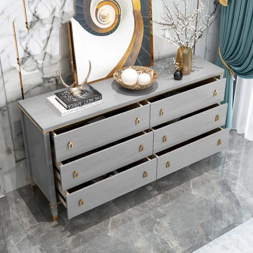 Modern Gray Dresser Chest of 6 Drawers Cabinet in Gold
