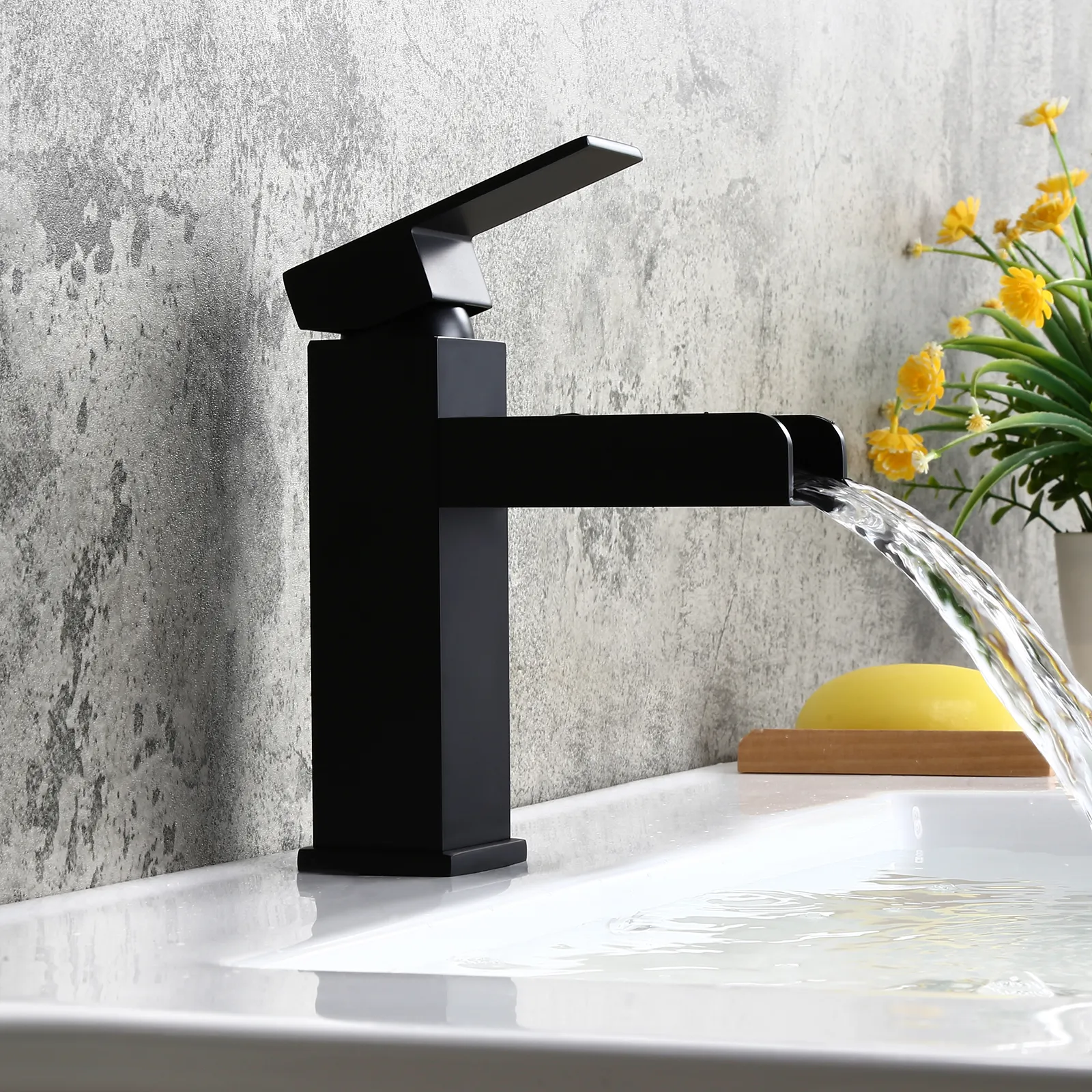 Mid-tall Size cUPC Certified Homary Modern Solid Brass Matte Black Waterfall Bathroom Vessel Sink Faucet Open Channel Spout Cascade Bathroom Faucet with Pop Up Drain 