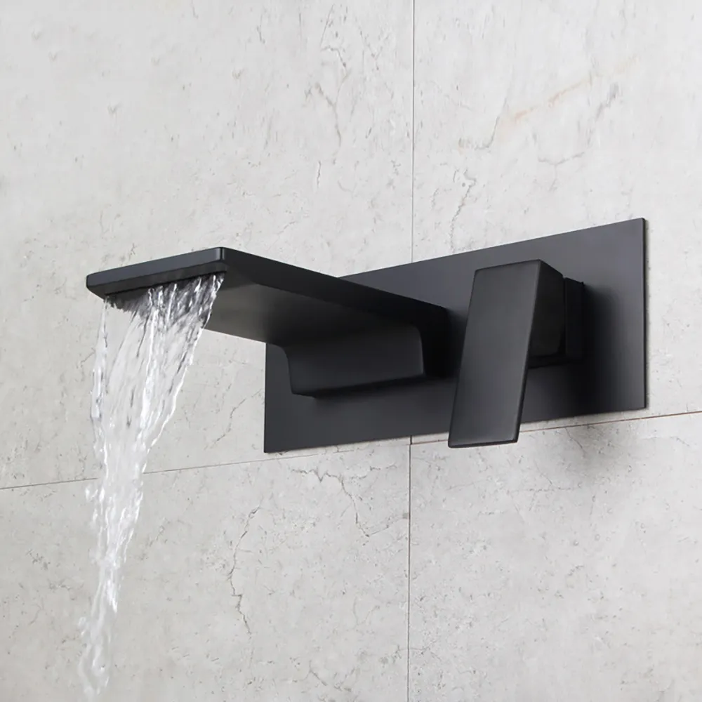 Sleek Black Wall Mounted Single Handle Waterfall Bathroom Sink Faucet