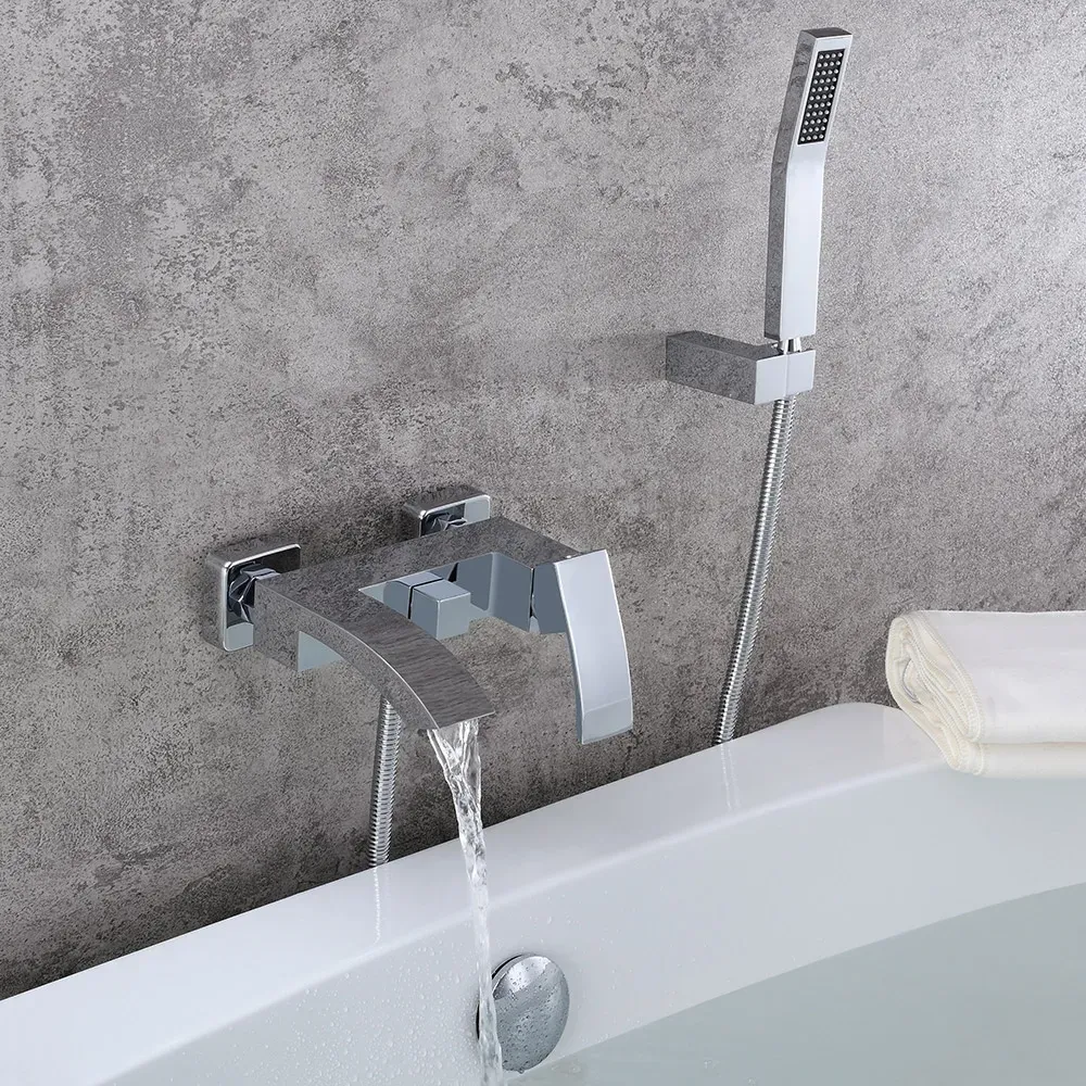 Modern Solid Brass Waterfall Spout Tub Filler Faucet with Hand Shower in Chrome 