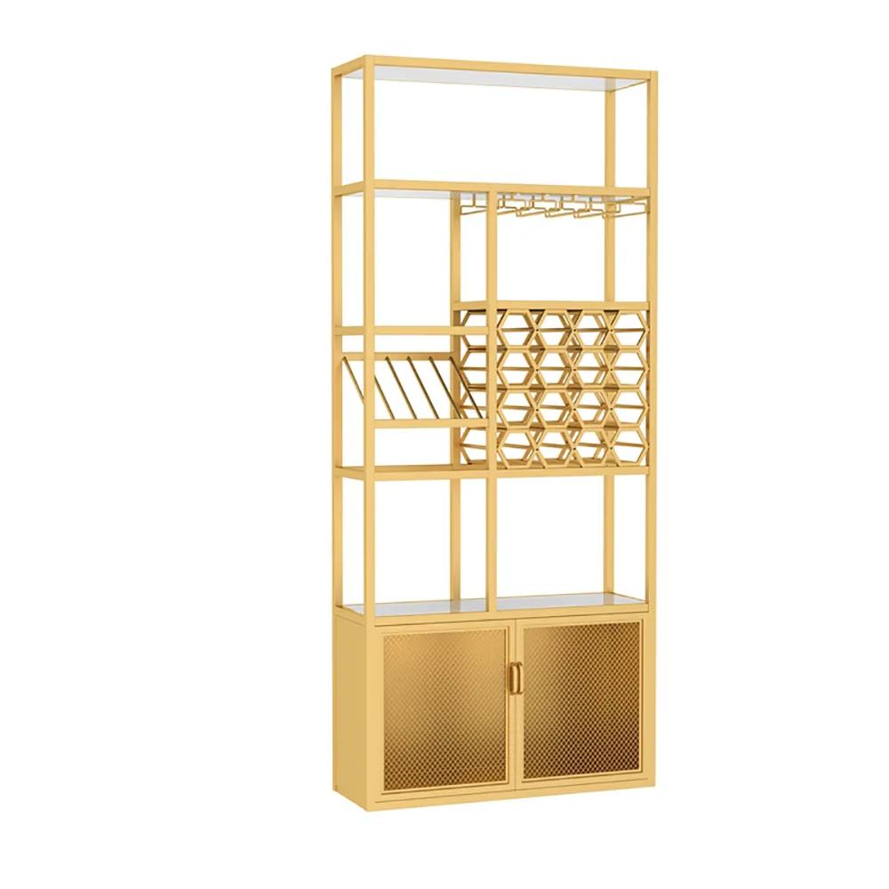Industrial Gold Contemporary Standing Wine Rack with Glass Rack-A