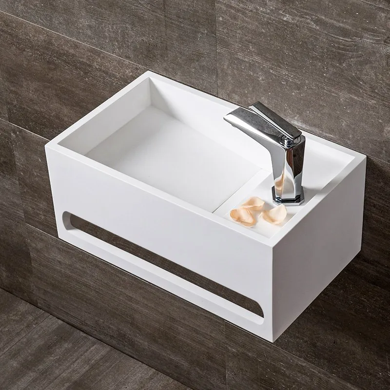 Stone Resin Solid Wall-Hung Bathroom Ramped Sink with Towel Bar in Matte White