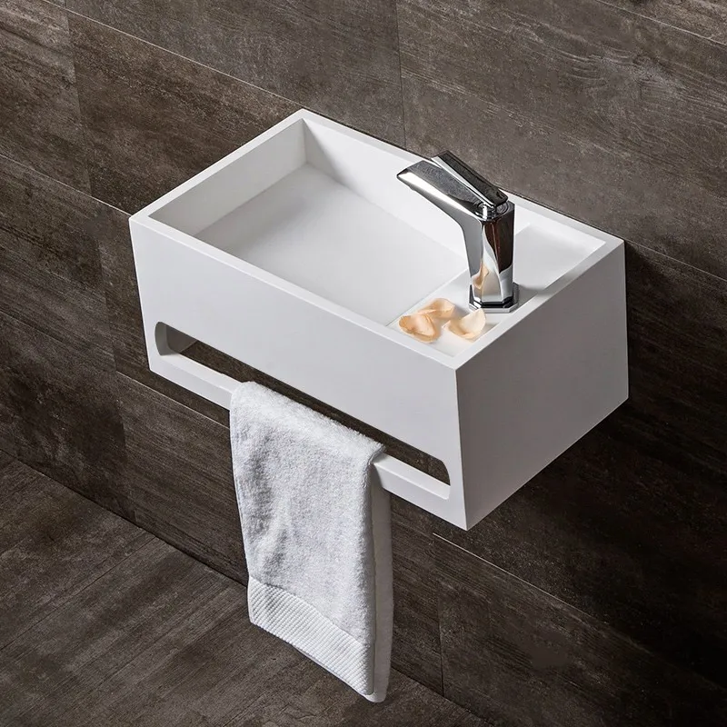 Stone Resin Solid Wall-Hung Bathroom Ramped Sink with Towel Bar in Matte White