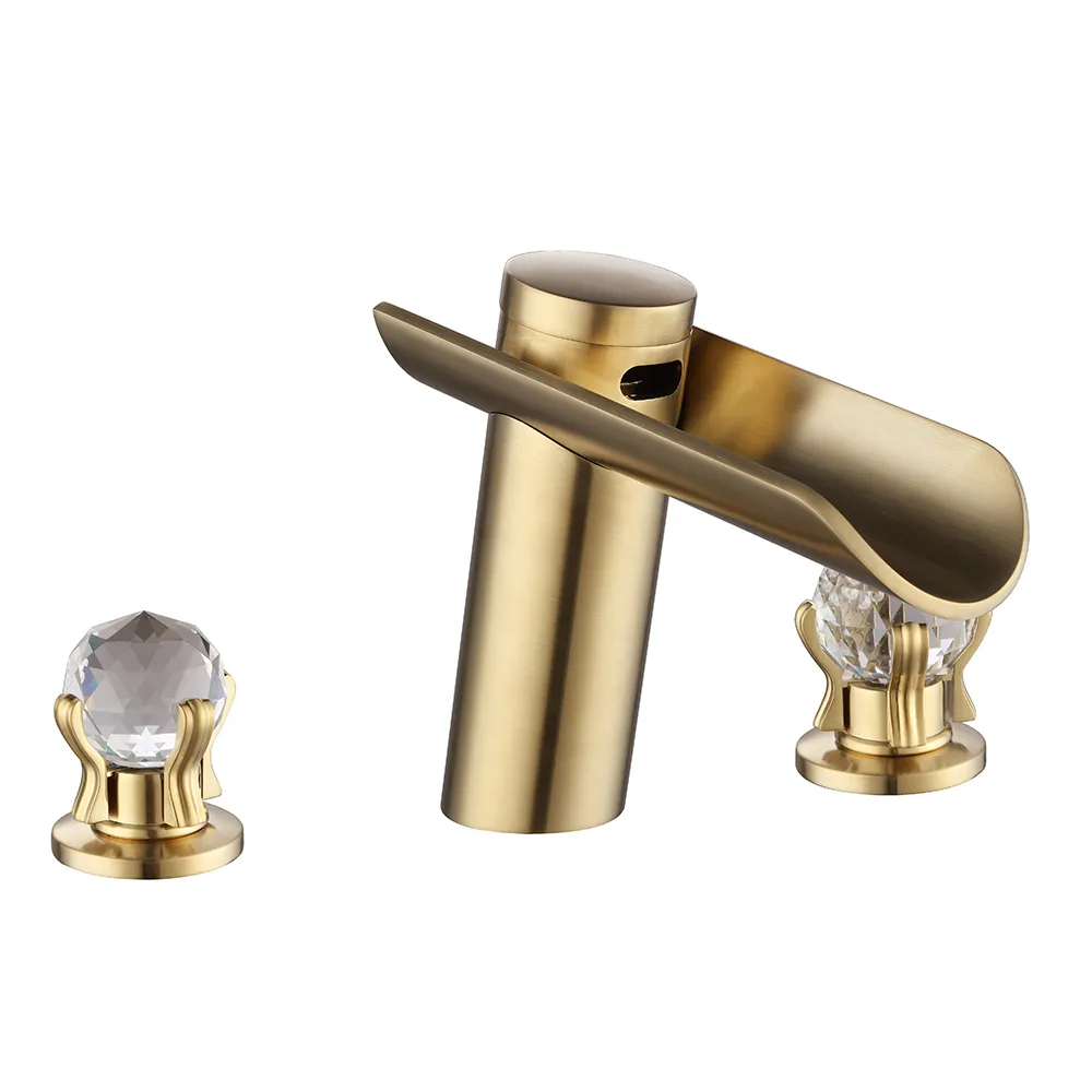 Morga Widespread Double Handles Lavatory Faucet in Brushed Gold Crystal