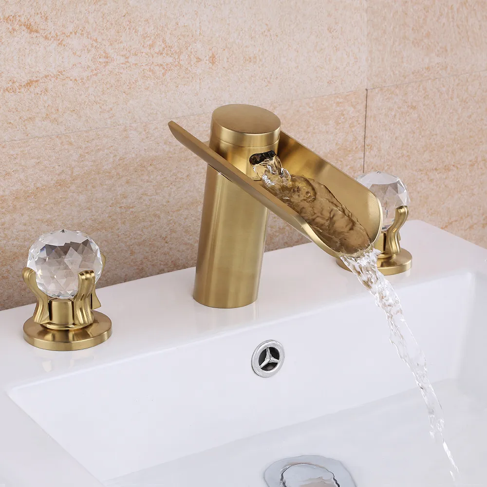 Morga Widespread Double Handles Lavatory Faucet in Brushed Gold Crystal