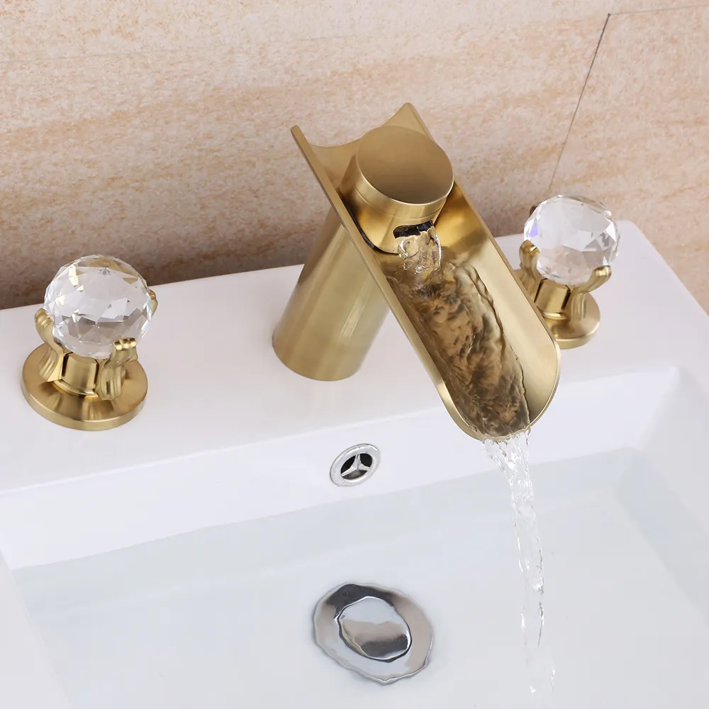 Morga Widespread Double Handles Lavatory Faucet in Brushed Gold Crystal