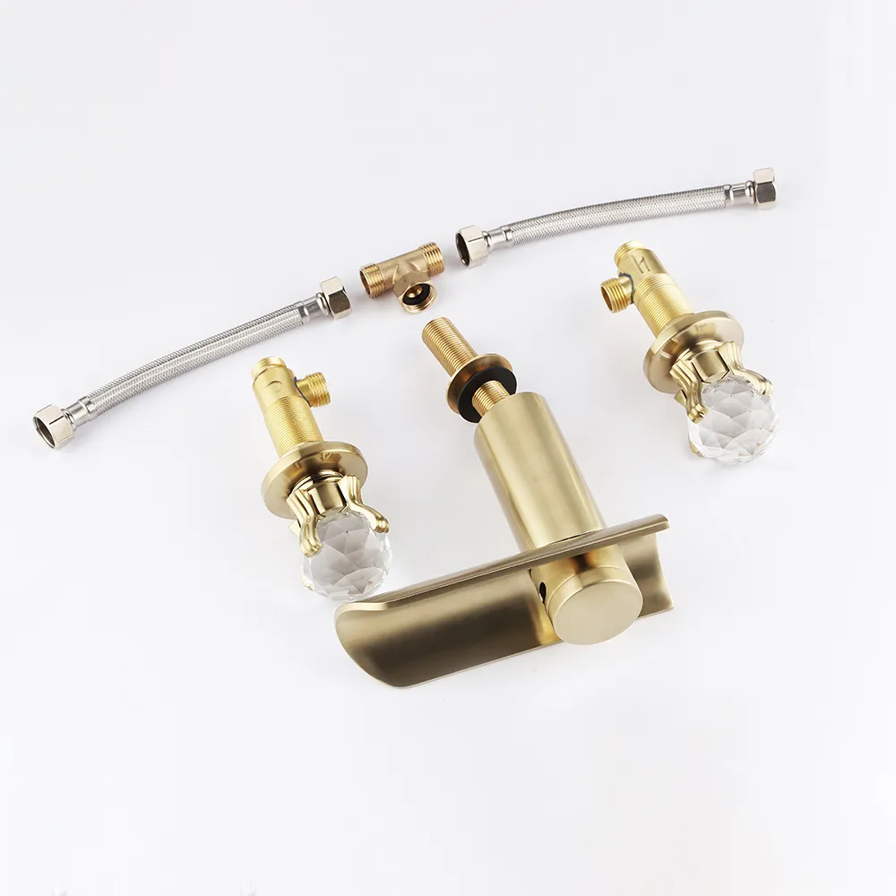 Morga Widespread Double Handles Lavatory Faucet in Brushed Gold Crystal