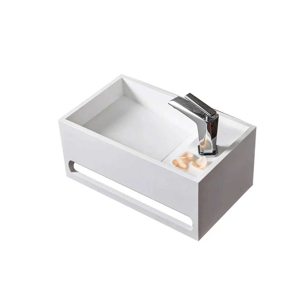 Stone Resin Solid Wall-Hung Bathroom Ramped Sink with Towel Bar in Matte White