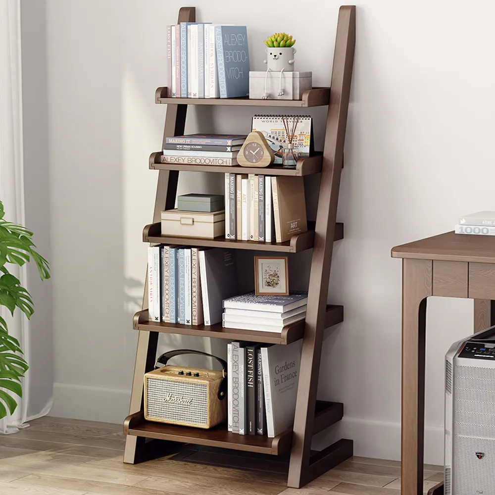 Details about   5 Shelf Tier Bookcase Walnut Solid Rubber Wood Open Back Panel 12x29.5x63 Inch 