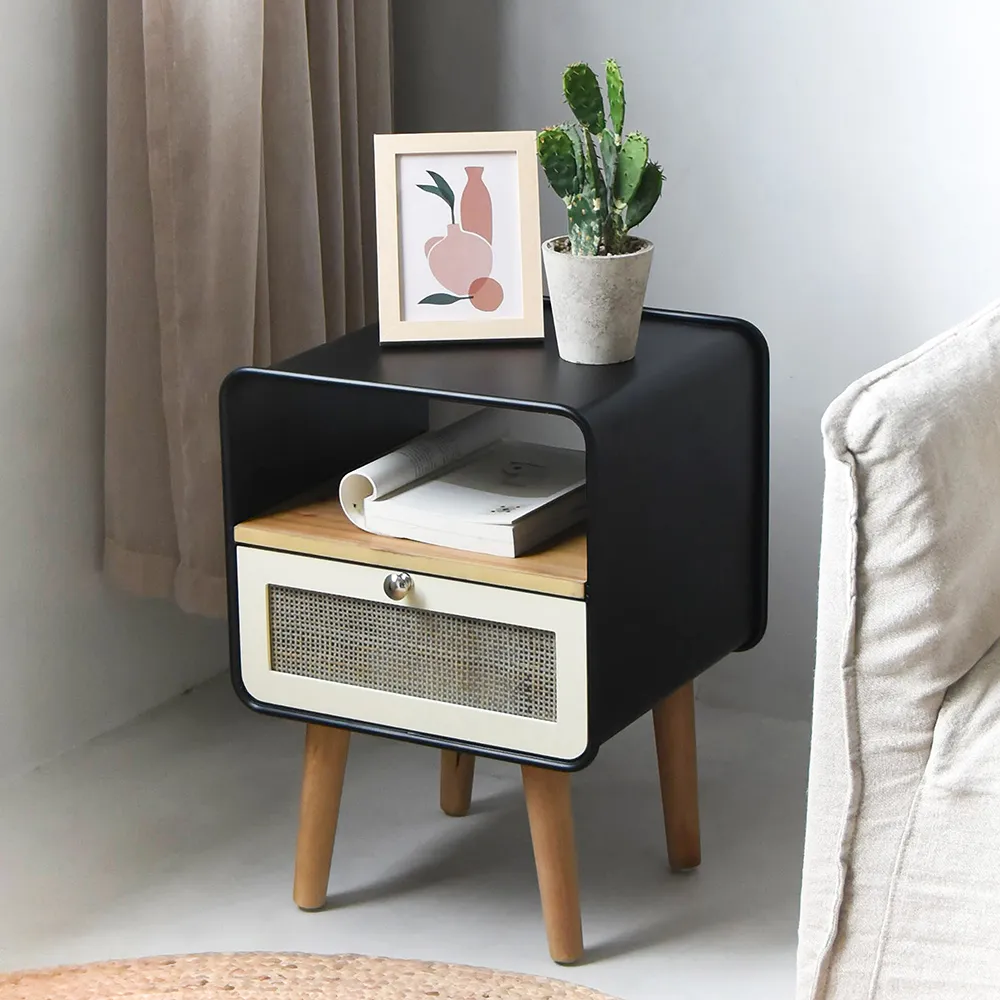 Definitive motion Sea slug Rustic Small Nightstand in Black Square Bedside Table with Drawer & Shelf &  Wooden Legs-Homary