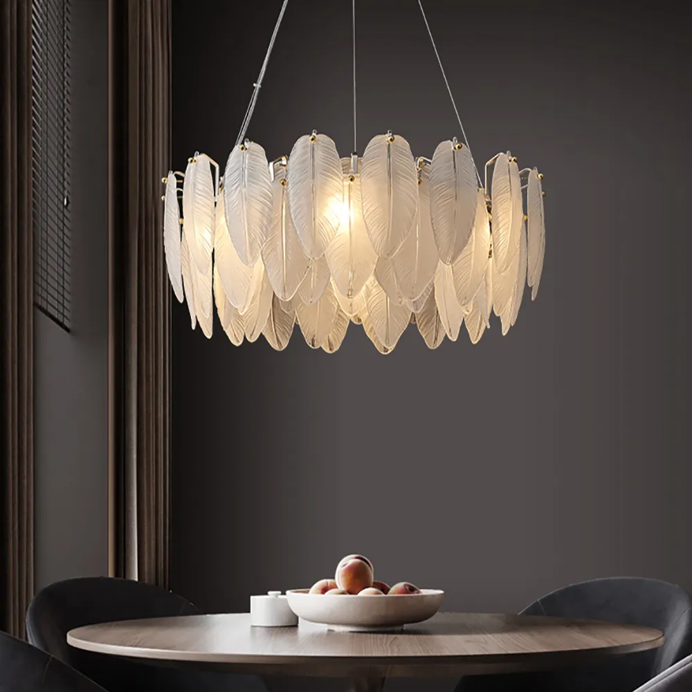 Glassi Modern Round 6-Light Tiered Frosted Feathers Glass Chandelier