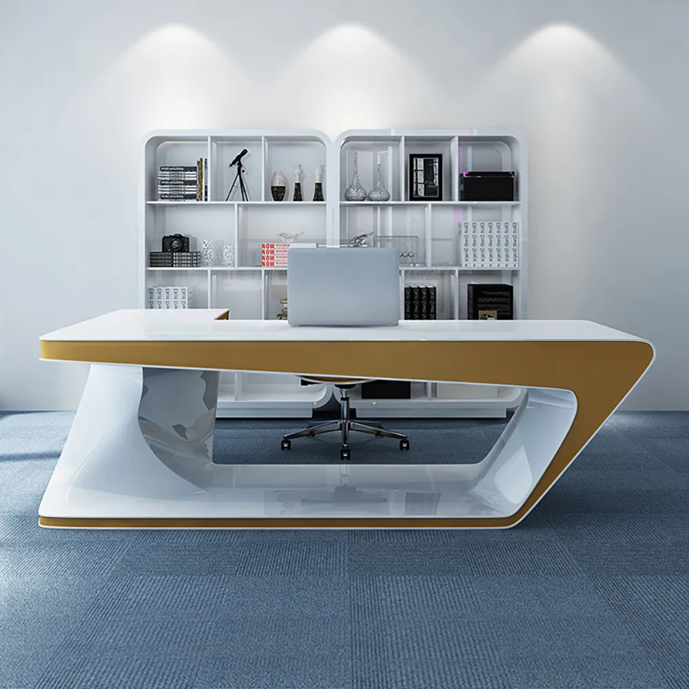 white metal l shaped desk