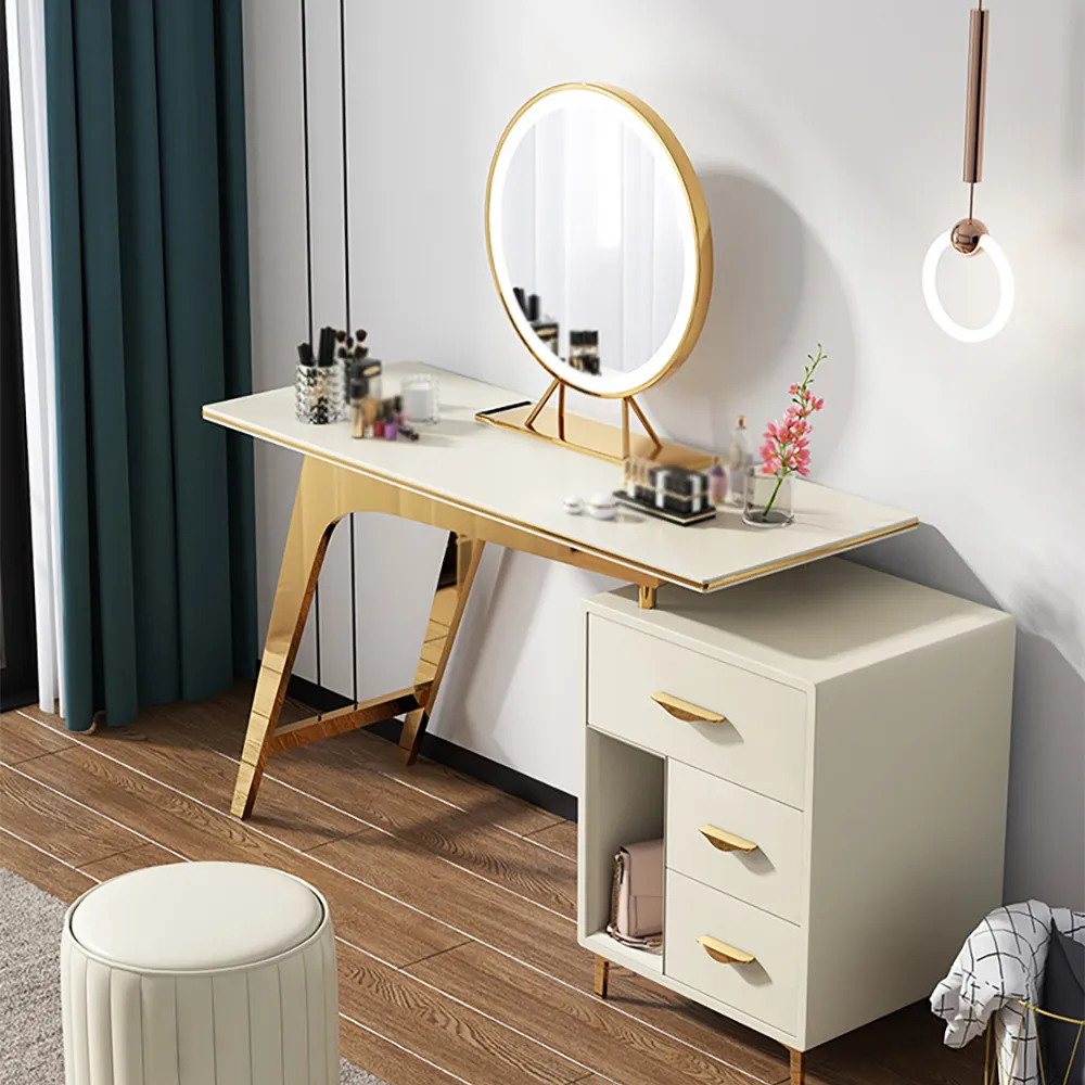 Leatherette Square ViscoLogic Wooden Makeup Vanity Dressing Table with Stool White