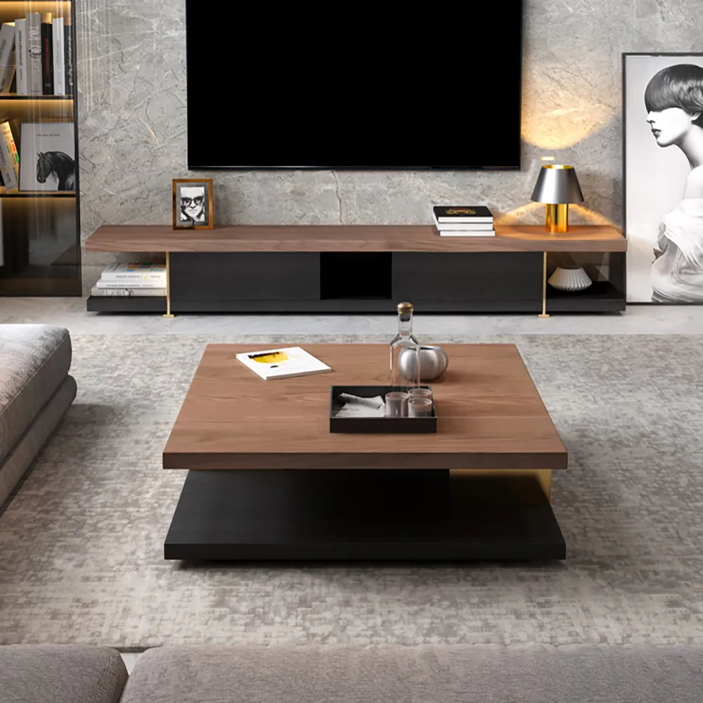 Modern Walnut Solid Wood TV Stand & Coffee Table with Drawers Set 