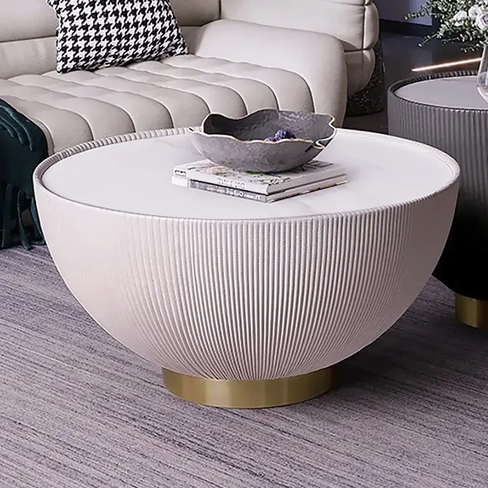 Resort Cloud Against Modern Beige Drum Coffee Table Sintered Stone Round PU-Leather Accent Table  in Gold-Homary