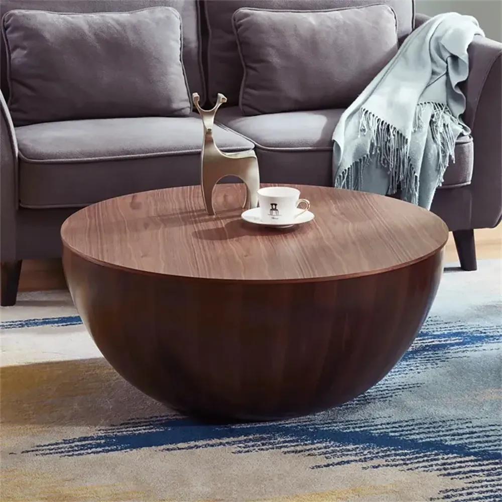 Execution Always so much Round Drum Wood Japandi Coffee Table with Storage Walnut Bowl Shaped Coffee  Table-Homary