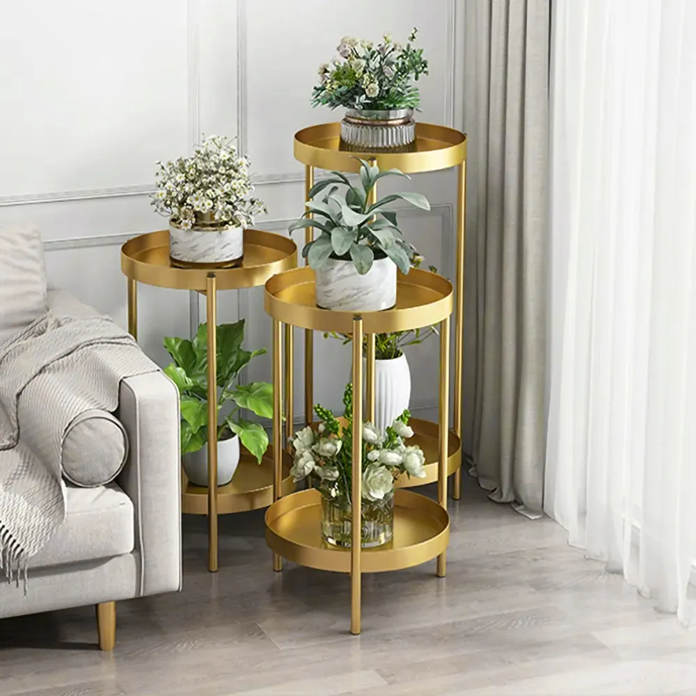 Round Metal Plant Stand 2-Tiered Gold Plant Pot Stand for Indoor in Large