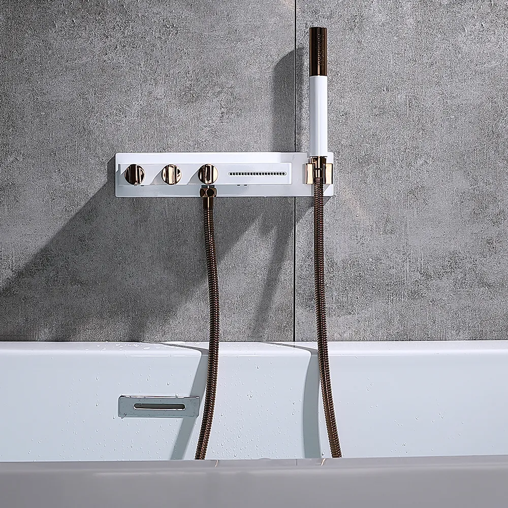 Wall Mounted Waterfall Roman Bathtub Faucet with Handshower Brass White & Rose Gold