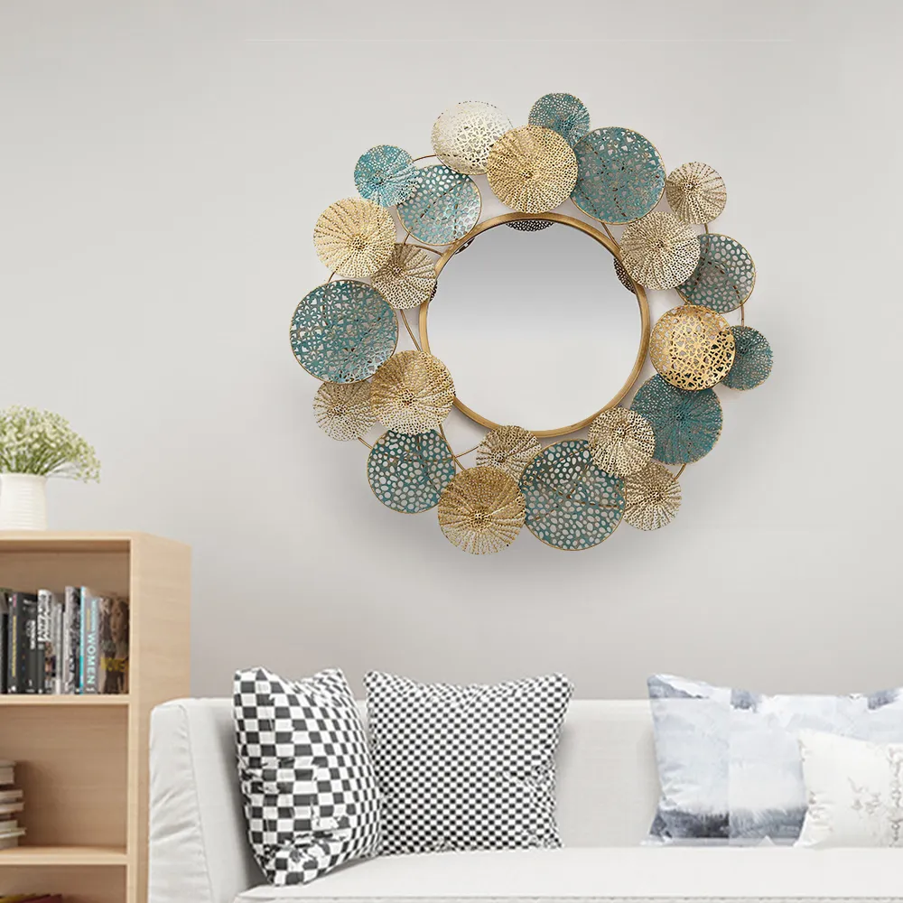 Modern Round Hollow-out Flower Metal Wall Mirror Background Decor-Homary