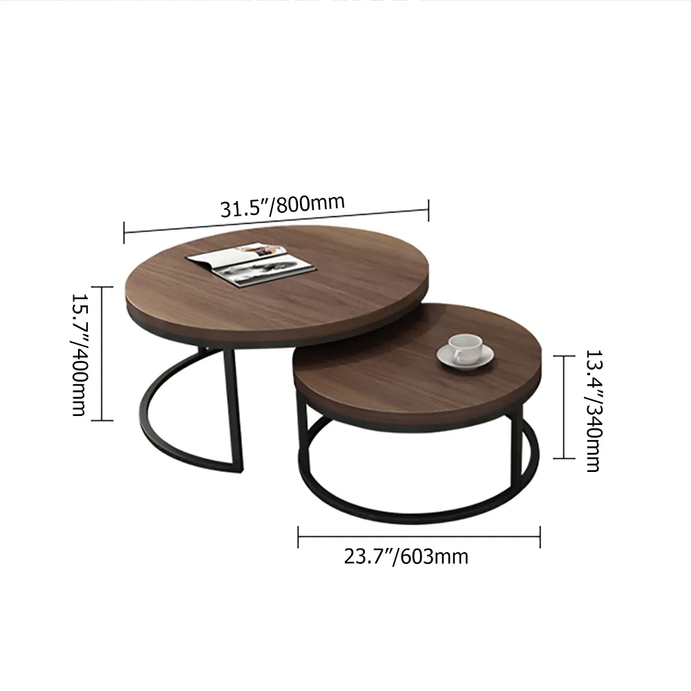 Fero 2 Pieces Modern Walnut & Black Round Nesting Coffee Table for Living Room