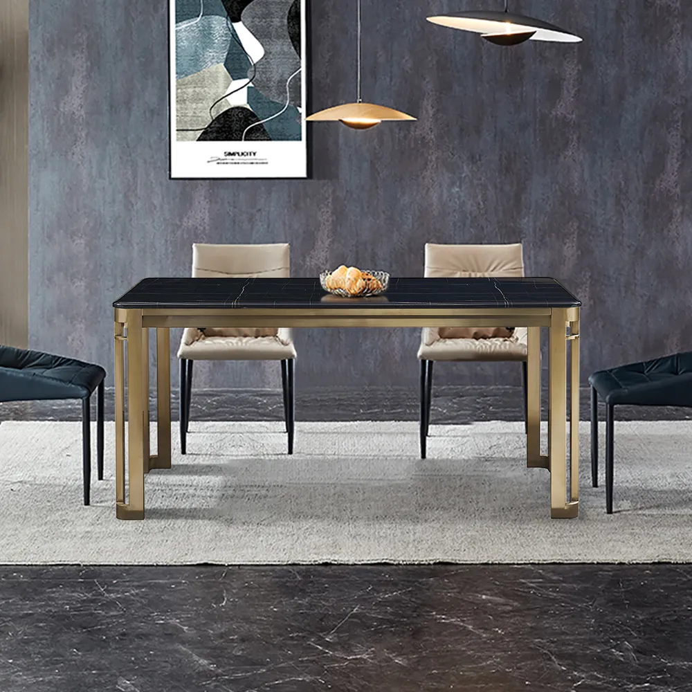 Modern Black Marble Top Dining Table with Stainless Steel Frame in