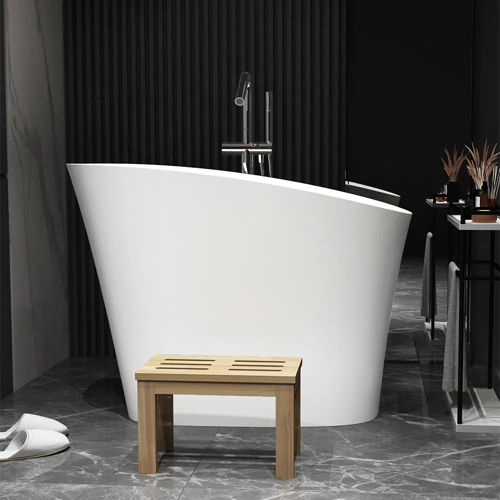 47" Modern Oblique Deep Freestanding Matte White Stone Resin Japanese Soaking Bathtub