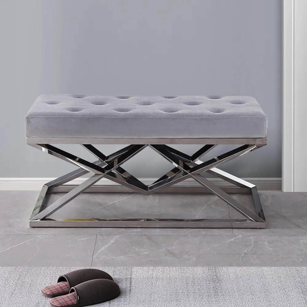 silver upholstered bench