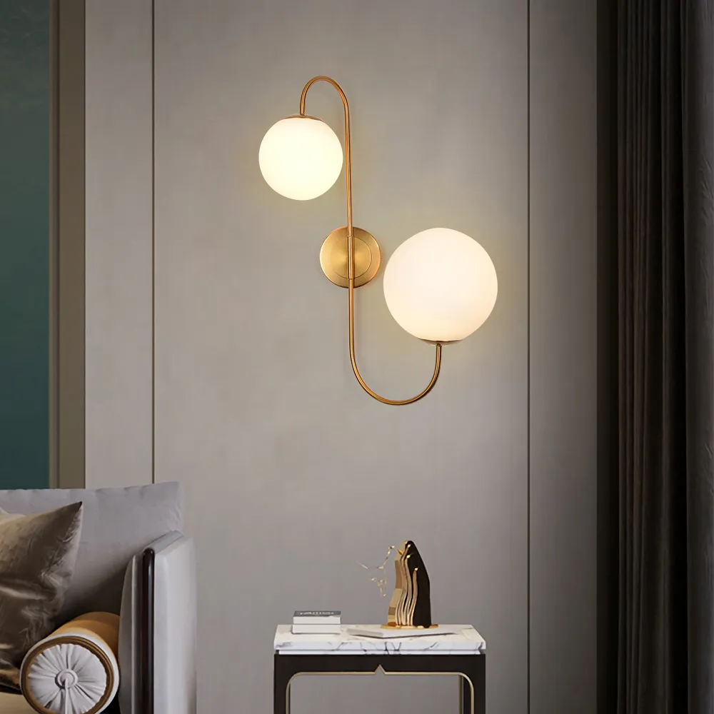 Modern Wall Sconce White Globe Glass Shade 2-Light Wall Lamp in Aged Brass