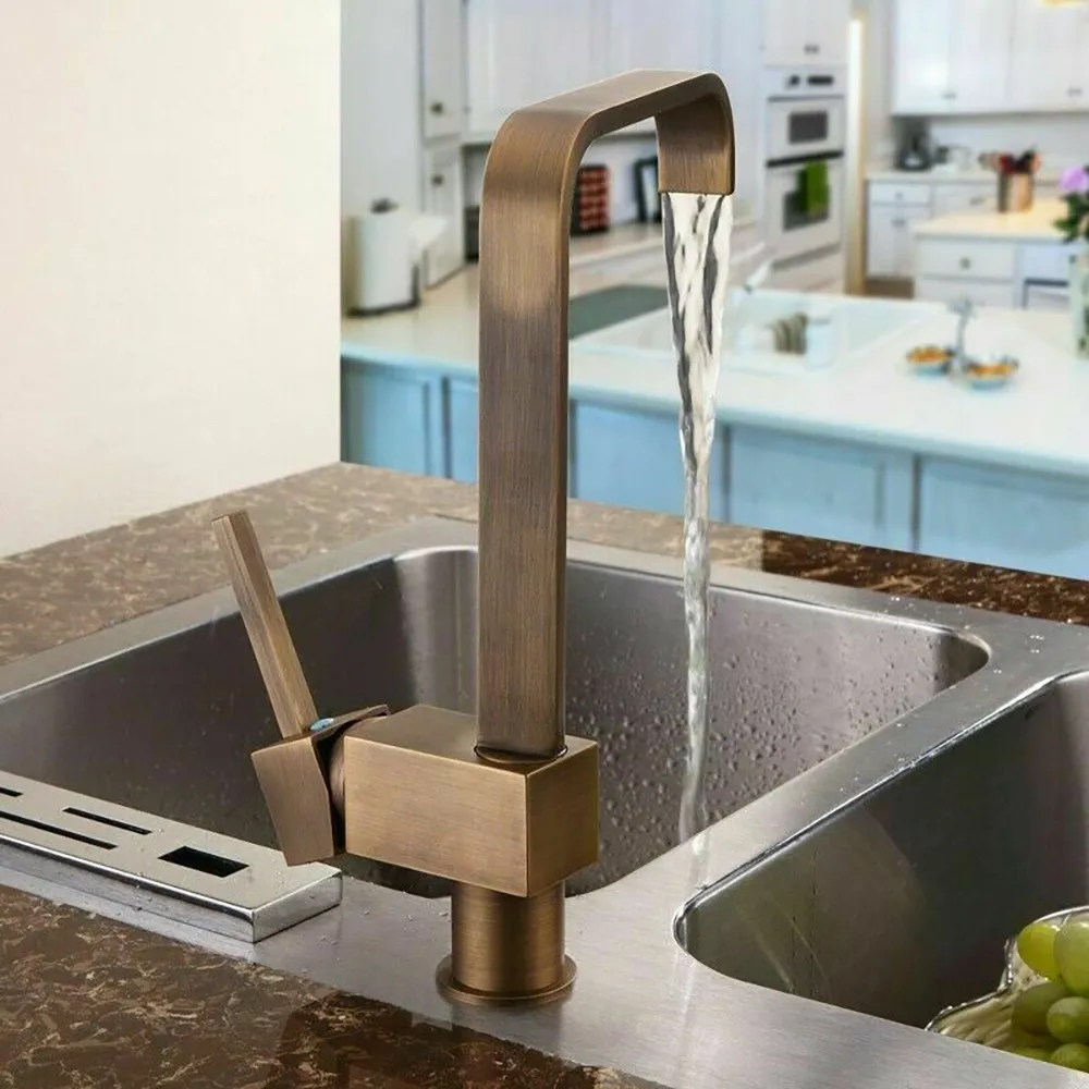 Relia Square Single Handle 1-Hole Antique Brass Kitchen Sink Faucet Solid Brass