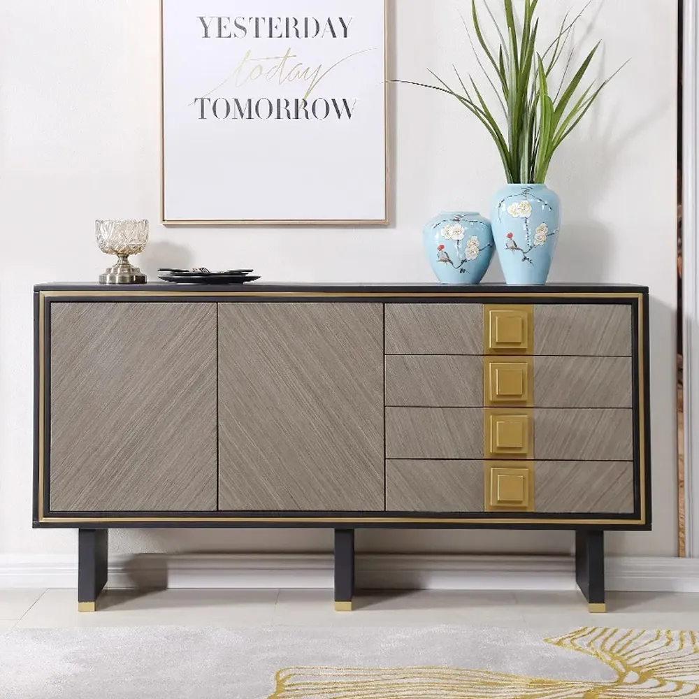 STORAL 59" Sideboard Buffet Glass Top with Storage Modern Sideboard Table with Brass